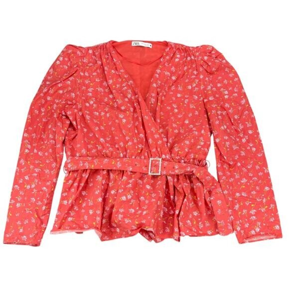 Zara Floral Puff Sleeve Blouse Size XL Red - Picture 2 of 6